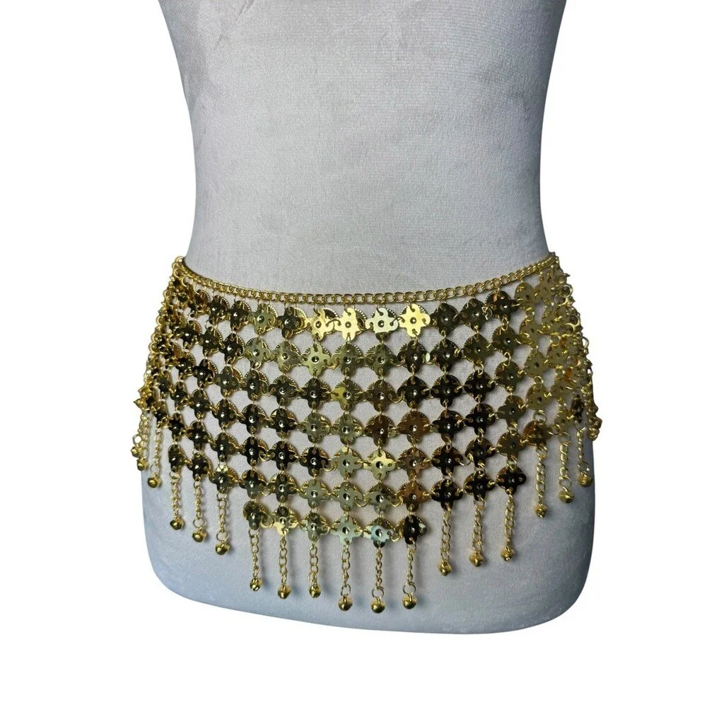 intage Y2K Indian Coin Fringe Belly Dance Belt Gold Tone Chainmail Festival